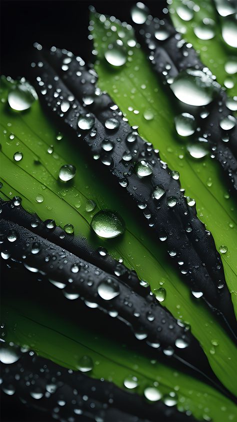 This wallpaper features a stunning close-up of green and black leaves with water droplets on them. Black Leaves, Water Droplets, Green And Black, Amazing Nature, Mobile Wallpaper, Close Up, Water, Green, Black