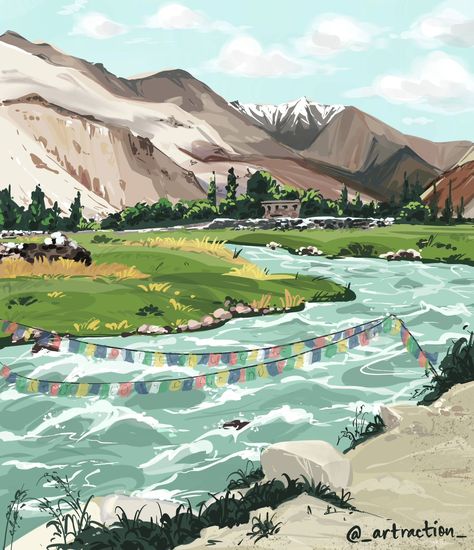 I had recently been to Leh, Ladakh and this is one of the scenes I was itching to paint. I loved the varied landscapes there and there's some more sketches and paintings to come . . Used procreate to paint this. . #lehladakh #nubravalley #ladakh #leh #digitalpainting #procreate #digitalartwork Leh Ladakh, Lake Painting, Scenery Paintings, Flyer And Poster Design, Quilling Paper, Flag Art, Scenic Beauty, Landscape Drawings, Leh