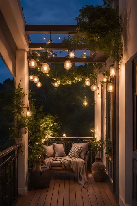 Balcony Christmas lighting ideas with fairy lights, lanterns, and festive decorations for a cozy holiday atmosphere. Fairy Lights Terrace, Balcony Christmas Lights, Christmas Terrace, Balcony Winter, Christmas Lighting Ideas, Christmas Lights Ideas, Balcony Lights, Diy Mason Jar Lights, Lighted Wreaths