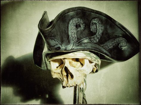 Pirates wife Leather Tricorn Hat The Kraken Pirate Tricorn Hat, Pirate Hat Reference, Pirate Hat Drawing Reference, Pirate Hat Aesthetic, Pirate Hat Drawing, Hat Drawing Reference, Pirate Captain Hat, Kraken Design, Pirates Hat