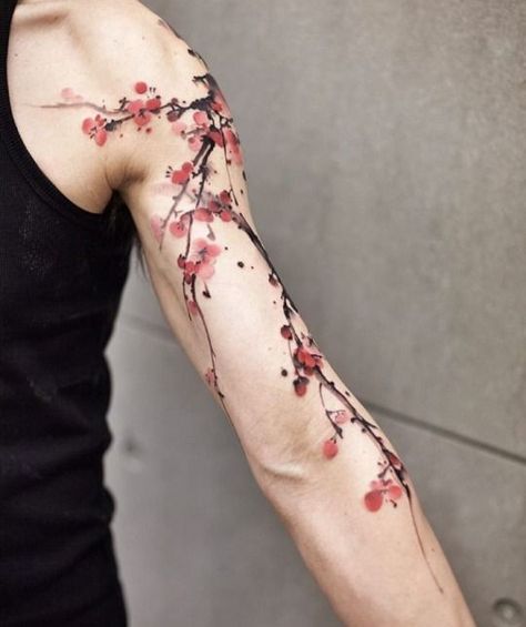 Cherry Blossom Tattoo Men, Cherry Blossom Tattoo Shoulder, Hand Boy, Tattoo House, Tattoo Fairy, Sakura Tattoo, Upper Arm Tattoos, Floral Tattoo Sleeve, Blossom Tattoo