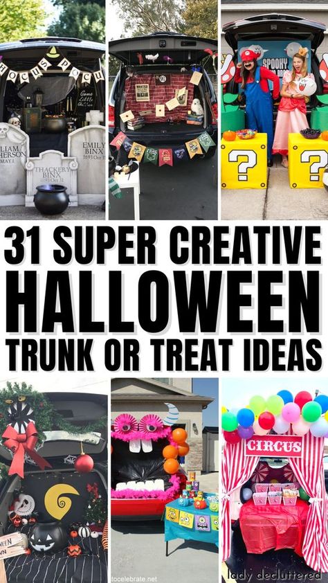 Getting ready for a Trunk or Treat event can be both fun and challenging. You want to decorate your car’s trunk in a way that is creative and unique but doesn’t require too much time, effort, or money. Thankfully, there are plenty of easy trunk or treat decorating ideas that can help you create a spooky and festive atmosphere. - Lady Decluttered | Halloween Trunk or Treat Theme Ideas Easy Trunk Or Treat Decorations, Trunk Or Treat Halloween Ideas, Car Decorations For Trunk Or Treat, Trunk Or Treat Decor Ideas, Decorate Trunk For Halloween, Trunk Or Treat For Minivan, Halloween Cars Decorating Ideas, Trunk Or Treat Halloween Theme, Decorated Trunks For Halloween