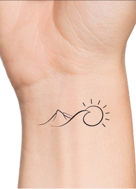 Nomad Tattoo Symbols, Sun Sea Mountain Tattoo, Sun Water Mountain Tattoo, Beach Mountain Tattoo, Mountain And Beach Tattoo, Beachy Tattoos, Tattoo Sonne, Sunset Tattoos, Beach Tattoo