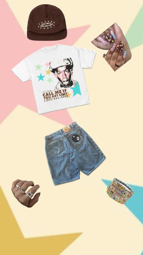 i love tyler #tyler #tylerthecreator #cute #fun #outfit #cuteoutfit #accessories #music #rings #nails #bracelets #hats #jorts #shorts #pants #jeans #shirt #tshirt #teeshirt Tyler Concert, Music Rings, Concert Outfit Inspo, Jeans Shirt, Tyler The Creator, Shorts Pants, Pants Jeans, Concert Outfit, Cute Outfits