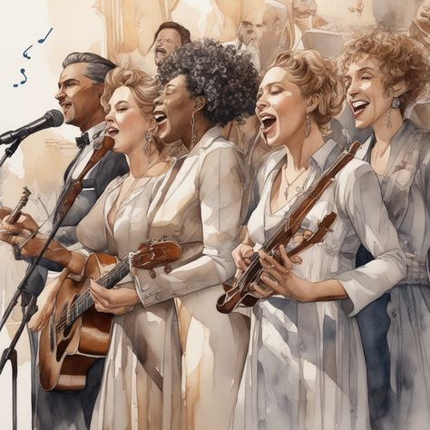 Draw several singers from different generations and musical genres singing in unison on a stage in front of the audience. Watercolor, trending on artstation, sharp focus, studio photo, intricate details, highly detailed, by greg rutkowski Singing On Stage Drawing, People Singing, Greg Rutkowski, Christ Artwork, Different Generations, Senior Thesis, Kids Worksheets, Kids Worksheets Preschool, Worksheets Preschool