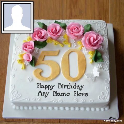 Happy 50th Birthday Cake With Name And Photo Happy 50th Birthday Cake, 50th Birthday Cake Images, 50th Birthday Cake For Women, Golden Anniversary Cake, Pastel Rectangular, Birthday Cake Write Name, Anniversary Cake Designs, 50th Birthday Wishes, Number Birthday Cakes