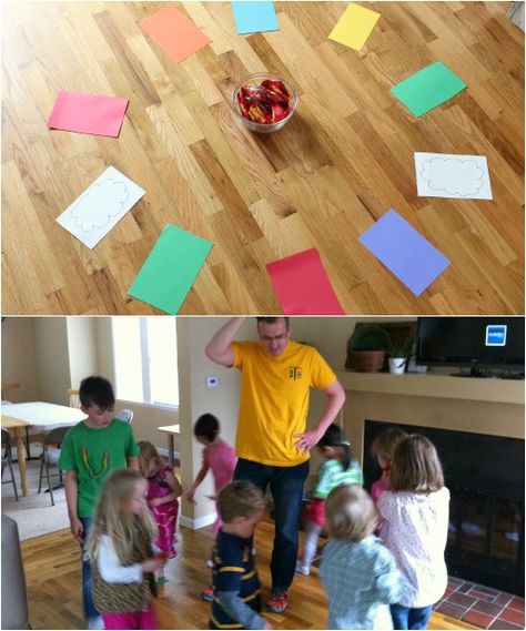 Musical Rainbow Walk game: Cut out square rainbow paper sheets and 2 white “cloud” sheets. Make enough squares for each child. Play some music and when the music stops, the kids stop. Whoever is on the white clouds gets a rainbow candy treat, like Skittles or Starburst. @Marie - Make and Takes Rainbow Party Games, Rainbow Birthday Party Ideas, Rainbow Games, 4de Verjaardag, Rainbow Party Ideas, Candy Land Party, Rainbow Theme Party, Rainbow Parties, Candyland Birthday