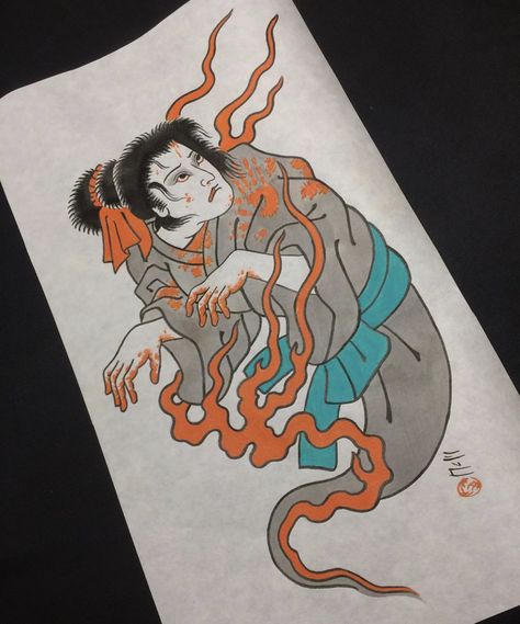 Traditional Namakubi Tattoo, Jorogumo Tattoo Traditional, Yurei Ghost Tattoo, Oiwa Japanese Ghost, Yokai Tattoo Design, Ichibay Tattoo, Japanese Ghost Tattoo, Ukiyo Tattoo, Ukiyoe Tattoo