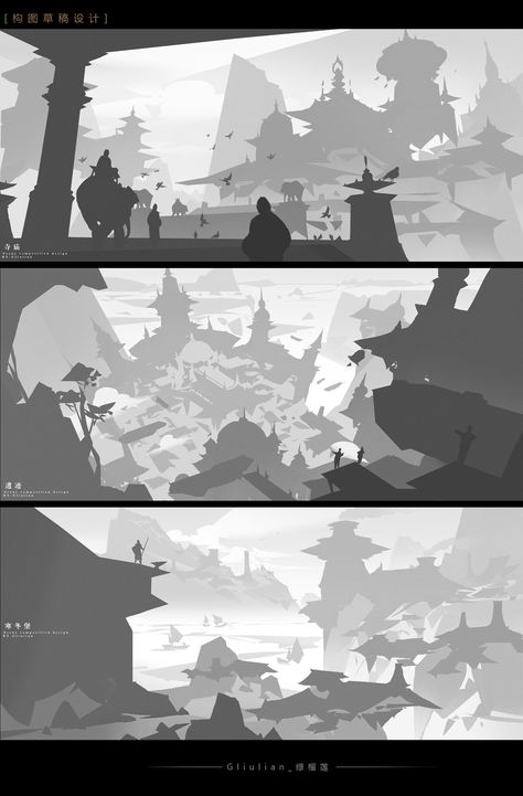 ArtStation - Graphic composition + Painting process, G liulian Composition Thumbnails, Value Painting, Graphic Composition, Grayscale Art, Environment Sketch, Composition Painting, Environment Painting, Concept Art Tutorial, Landscape Concept