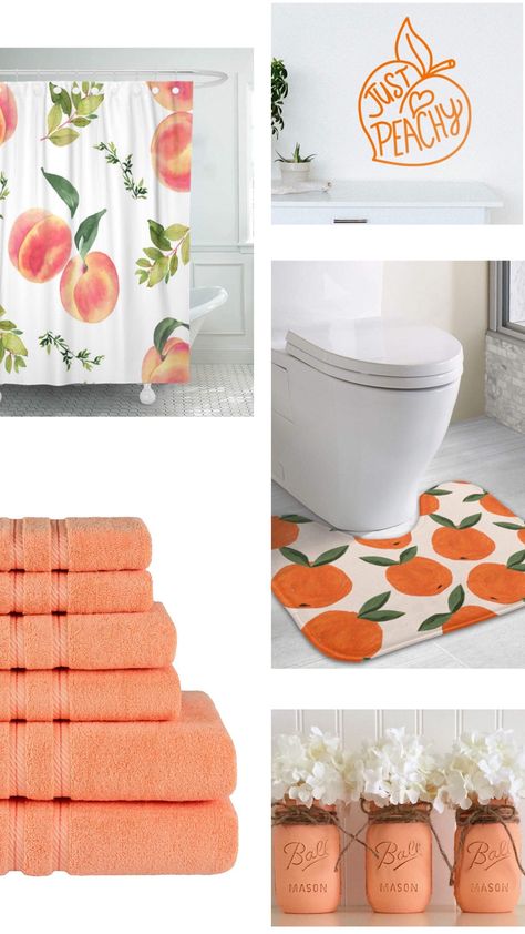 Spring Bathroom Decor Peach theme #peach #bathroomdecor #bathroom #home #style #interiordesign Fruity Bathroom Decor, Peach Colored Bathroom, Fruity Bathroom, Peach Color Bathroom, Peach Themed Bathroom, Peachy Clean Bathroom, Peach Bathroom Ideas, Peaches Decor, Cute Bathroom Themes