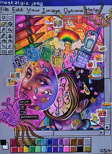 Personal Identity Art Projects, Nostalgia Drawing Art, High School Art Portfolio, Art About Nostalgia, Art Block Inspiration Ideas, Funky Art Painting Inspiration, Sketchbook Art Inspiration Full Page, Self Portrait Ideas Art, Art Themes Ideas