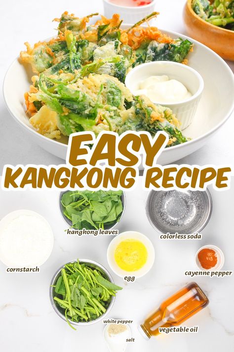 Crispy Kangkong also known as Kangkong Crisp, is a quick and easy vegetable recipe that is made with water spinach leaves dipped in egg and flour batter then deep-fried until crispy. It is best served with a delicious dipping sauce and enjoyed as a snack or appetizer. Check this out! Crispy Kangkong Recipe, Kangkong Chips, Water Spinach Recipe, Spinach Ideas, Kangkong Recipe, Chicken Thai, Hair Tomboy, Food Work, Easy Vegetable Recipes