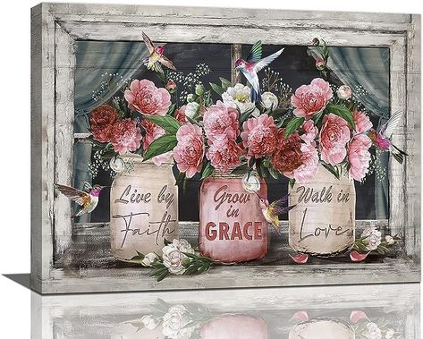 Farmhouse Canvas Wall Art Rusitc Pink Rose Wall Decor Flower Mason Jar Hummingbird Pictures Painting Prints Framed Decor Country Home Artwork for Bedroom Bathroom Living Living Room 12"x16" Rose Wall Decor, Artwork For Bedroom, Farmhouse Canvas, Home Artwork, Hummingbird Pictures, Bible Verse Canvas, Bedroom Artwork, Rose Wall, Country Homes