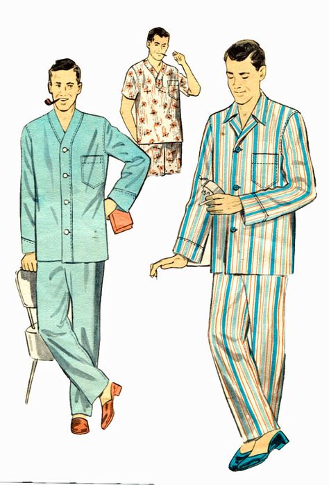 mens pajama pattern 1950's- sophie 1950s Man, Men's Fashion Illustration, 1950s Mens Fashion, Fashion Sketches Men, Mens Pajama, Mens Pjs, Men Nightwear, Vintage Pajamas, 1950s Mens