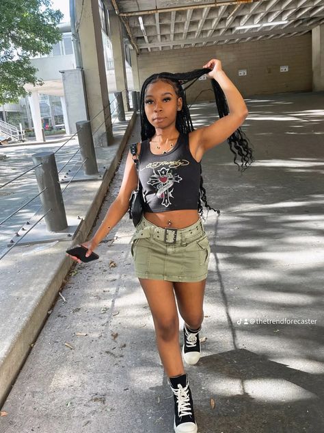 black girl boho braids streetwear ed hardy mini skirt rick owens Y2k Ed Hardy Outfit, Ed Hardy Dress Outfit Black Women, Es Hardy Outfit, Ed Hardy Fits, Ed Hardy Shirt Outfit, Ed Hardy Skirt, Ed Hardy Skirt Outfit, Ed Hardy Outfit Black Women, Blackgirl Streetwear