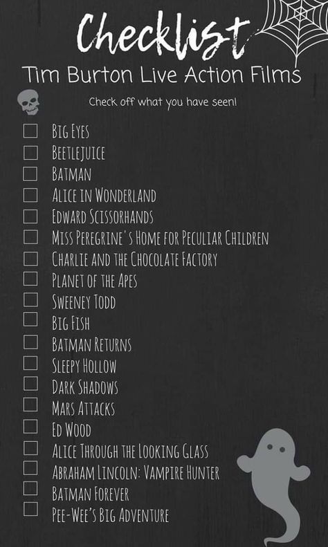 Tim Burton Movie Marathon, Tim Burton Movies List, Tim Burton Movies Aesthetic, Horror Movie List, Top Family Movies, Tim Burton Aesthetic, Tim Burton Party, Tim Burton Movies, Scary Movie List