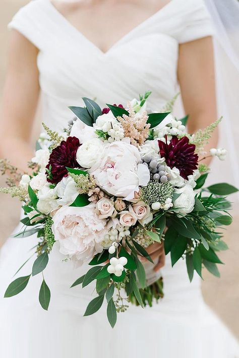 green wedding florals bouquet with roses of a peony burgundy dahlias and greens lidia codrean via instagram Wedding Florals Bouquet, Green Wedding Florals, Green And Burgundy Wedding, Modern Bridal Bouquets, Bouquet With Roses, Floral Bouquets Wedding, Greenery Wedding Bouquet, Cascading Wedding Bouquets, Wedding Favors Fall