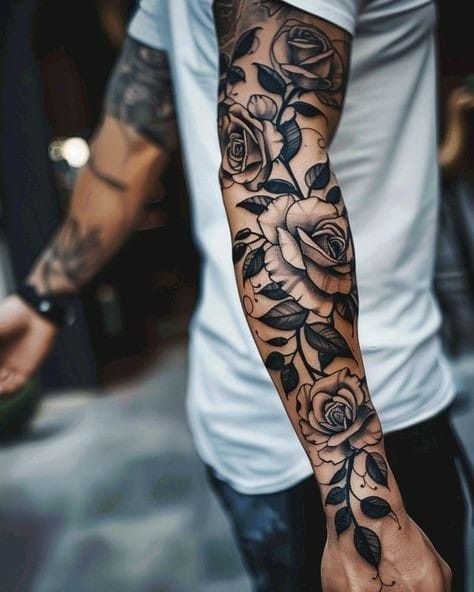 Black Rose Tattoo For Men, Rose Tattoo For Men, Flower Tattoo Sleeve Men, Snake And Dagger Tattoo, Dark Roses Tattoo, Black Rose Tattoo, Men Flower Tattoo, Gear Tattoo, Gladiator Tattoo