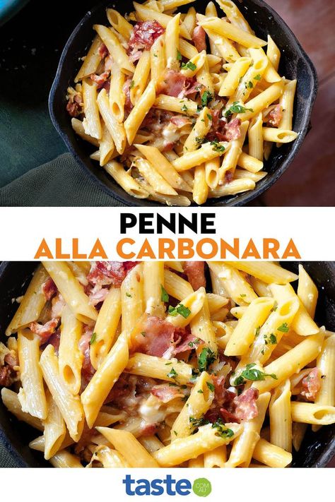 Penne Pasta Recipes, Fresh Olives, Creamy Eggs, Penne Pasta, Pasta Recipes, Bacon, Egg, Gluten Free, Pasta