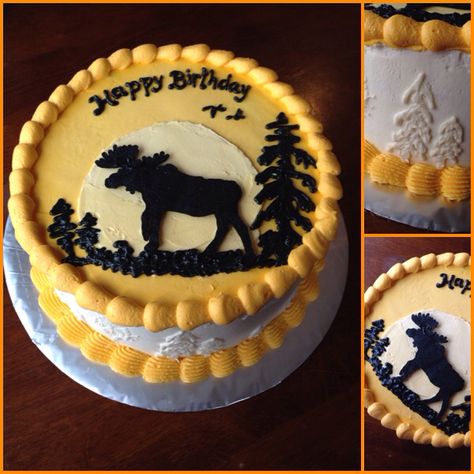 Moose wilderness silhouette buttercream birthday cake Moose Cake Ideas, Moose Birthday, Moose Cake, Buttercream Birthday Cake, Animal Treats, Cakes Decorating, Emma Jane, Buttercream Cakes, Woodland Birthday