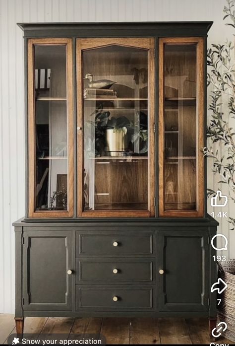 China Cabinet Painted Black, Breakfront Cabinet Makeover, Refinished China Cabinet, Redone Furniture, Soul Tribe, Vintage Hutch, Maple Kitchen Cabinets, Redo Cabinets, Maple Kitchen