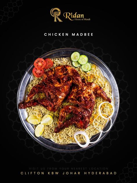 Chicken Madbee is a very traditional Yemeni dish, Cooked traditionally over hot stones. It's a very Delicious Arabic dish. Grilled Chicken served on a bed of flavored Mandi Rice, and Sauces This Ramadan With Only Ridan House of Mandi. Mandi Rice, Chicken Mandi, Adobe Photoshop Design, Food Menu Design, Hot Stones, Food Poster Design, Arabic Food, Turkish Recipes, Spicy Chicken