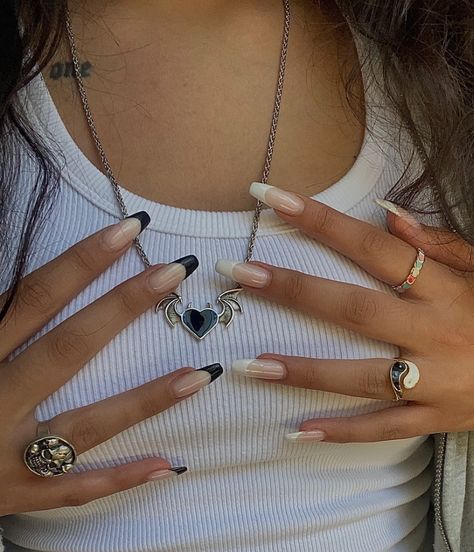 black white nails necklace tattoo White With Black Tip Nails, Black N White French Nails, White Black French Tip Nails, White Black French Nails, One Hand Black One Hand White Nails French Tip, Black Nail White French Tip, One Hand Black One Hand White French Tips, Black And White Nails Opposite Hands, Half Black Half White French Tip Nails