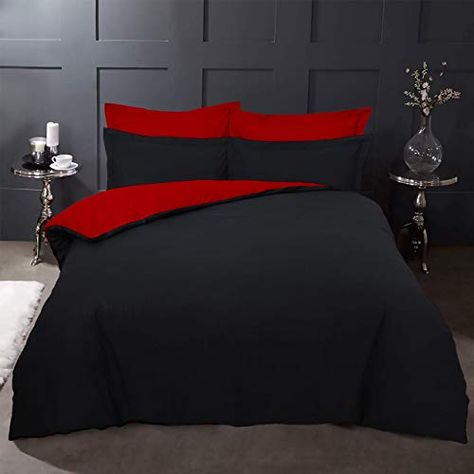 EGYPTIAN COTTON T200 REVERSIBLE DUVET COVER SET WITH 4 OXFORD PILLOW CASES BEDDING (Red & Black, Double) clicktostyle Red Bed Covers, Black And Red Bedding, Black And Red Bedroom Decor, Red And Black Bedroom Ideas, Black And Red Bedroom, Red And Black Bedding, Goth Bed, Red Bedding Sets, Black Bed Sheets