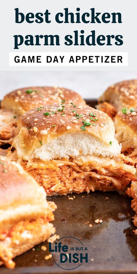 You’ll love this easy chicken slider recipe - a quick and delicious twist on an Italian classic! With tender shredded chicken tossed in marinara sauce and melted cheese on soft buns topped with homemade garlic butter, these chicken parm sliders are a tasty game day appetizer or comforting meal! Chicken Parm Sliders Recipes, Shredded Chicken Parm Sliders, Baked Chicken Sliders, Crockpot Chicken Appetizers, New Years Eve Recipes Party Appetizers, Shredded Chicken Appetizers, Shredded Chicken Sliders, Chicken Sliders Recipes, Grilled Chicken Sliders