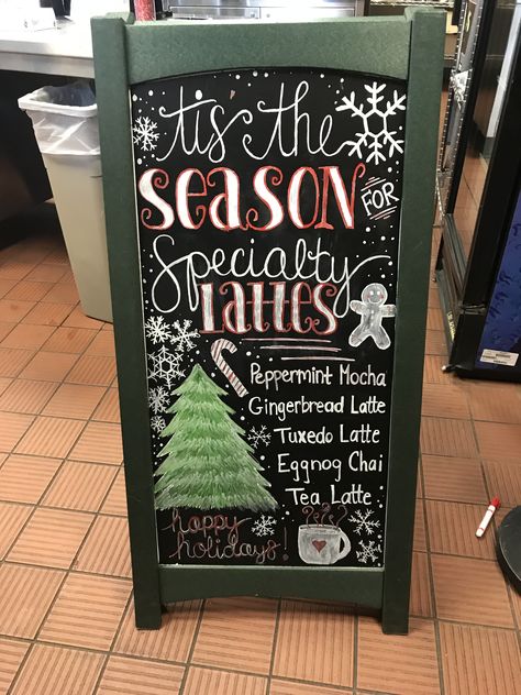 A chalkboard sign I did for work Holiday Restaurant Chalkboard, Holiday Coffee Shop Signs, Christmas Coffee Shop Signs, Christmas Cafe Signs, Christmas Coffee Shop Sign, Christmas Coffee Board Ideas, Starbucks Chalkboard Art Christmas, Christmas Coffee Chalkboard Art, Starbucks Winter Chalkboard