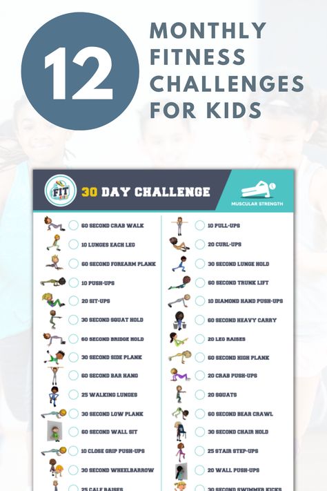 Each challenge includes 30 short fitness tasks grouped around a single theme. All designed to inspire and motivate kids, and help them make time for daily exercise! Kids Fitness Workouts, Kid Exercises At Home, Exercise For Kids Workouts, Kids Workout Routine, Kid Workouts, Fitness Challenge Ideas, Workouts For Kids, Kid Workout Routine, Kids Fitness Challenge