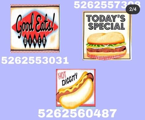 Not mine ✨ Bloxburg Hot Dog Stand Decal, Bloxburg Burger Decals, Retro Dinner Decals Bloxburg, Bloxburg Retro Diner Decals, Roblox Diner Decals, Bloxburg Retro Diner Decal Codes, Bloxburg Resturaunt, Bloxburg Retro Diner, Bloxburg Diner Ideas