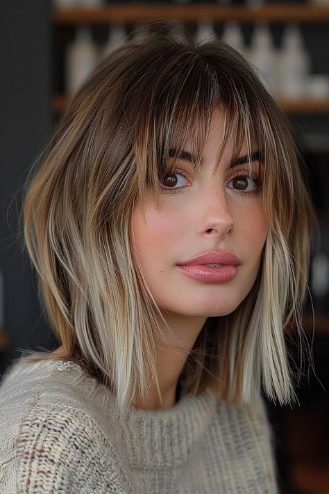 Best Haircuts and Hairstyles with Bangs in 2024 Modern Choppy Bob, Shoulder Length With Fringe Bangs, Womens Haircut With Bangs, Fine Short Hair With Bangs, Haircuts Fine Hair Medium, Wispy Lob Haircut, Fall Bangs Haircut, New Haircut Poses, Haircut Bob With Bangs