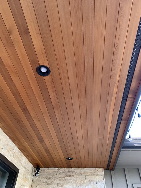 Pvc Ceiling Design Outdoor, Wooden Patio Ceiling, Roof Wooden Ceiling, Wood Slat Ceiling Outdoor, Wood Under Porch Ceiling, Wood Ceiling Panels Porch, Wooden Ceiling Outdoor Patio, House Exterior Cladding, Patio Ceiling Ideas