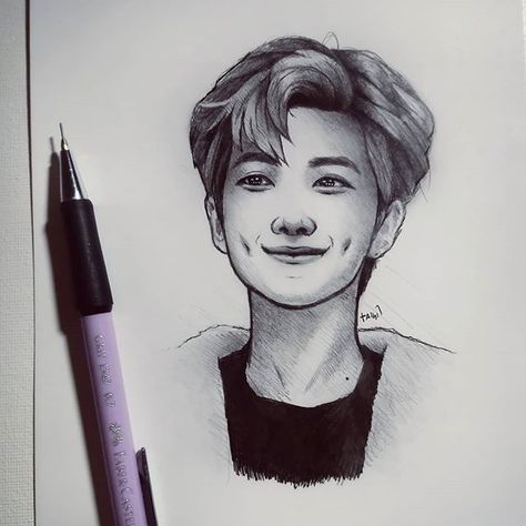 Dimples Drawing, Fanart Kpop, Rm Bts, Pen Sketch, Art Pencil, Bts Drawings, Kpop Fanart, Rap Monster, Pencil Sketch