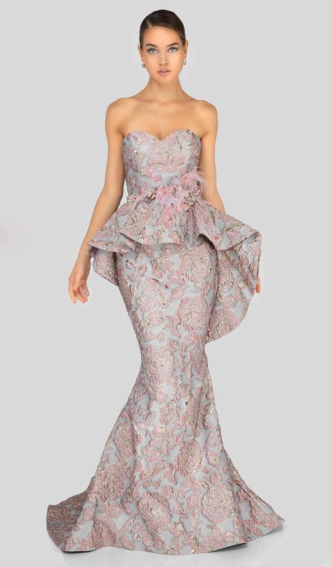 Terani Couture - 1911E9613 Floral Embossed Strapless Peplum Gown Gowns Floral, Elegant Long Dresses, Peplum Gown, Haute Couture Wedding Dress, Couture Evening Dress, Reunion Ideas, Full Length Gowns, Terani Couture, Mob Dresses