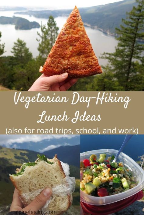 Excellent ideas you can take in your pack for a day-hiking meal (or a travel/school/work meal). Make at home or grab-n-go options. No camp stove required. Road Trip Meals, Hiking Lunch, Vegetarian Camping Recipes, Vegetarian Camping, Healthy Camping Food, Fancy Lunches, Vegetarian Day, Camping Lunches, Camping Snacks