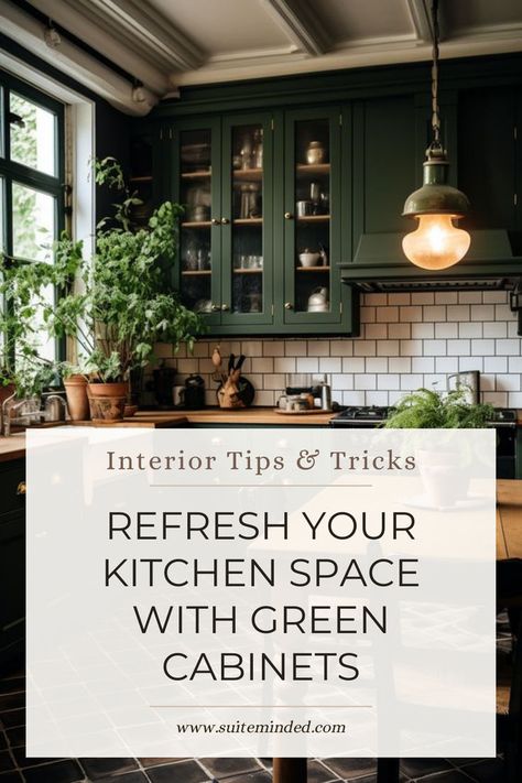 Choosing to add green to your kitchen can be a great idea to bring some personality and interest to your space. Dark greens will help you create a look that is moody, elegant, and inviting while light sage greens will bring tranquillity, serenity, and calm to your kitchen. In general, green kitchen cabinets pair well with white or grey countertops, light or medium wood, and brass, bronze, or black hardware. Deep Green Cabinets Kitchen, Black Green Kitchen Cabinets, Dark Green And White Kitchen Cabinets, Moody Kitchen Green Cabinets, Dark Green Kitchen Cabinets With White Countertops, Army Green Cabinets Kitchen, Green Paint Colors For Kitchen Cabinets, Kitchen Black Countertop Green Cabinets, Blue Green Kitchen Cabinets Painted