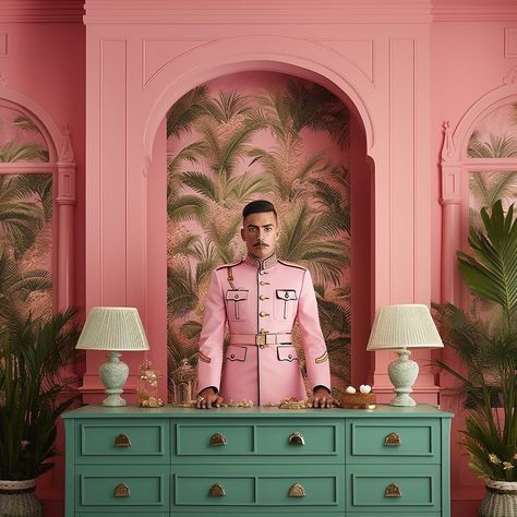 WES ANDERSON INSPIRED BOUTIQUE HOTEL🪷 🏨 🪷 ‘NORTH STAR’ , & ‘OMNISCIENCE’ available now at @Naiemart Via @reverse.orientalism | Instagram Wes Anderson Set Design, Wes Anderson Bathroom, Wes Anderson Aesthetic Decor, Wes Anderson Hotel, Reverse Orientalism, Wes Anderson Decor, Wes Anderson Wedding, Wes Anderson Inspired, Wes Anderson Aesthetic