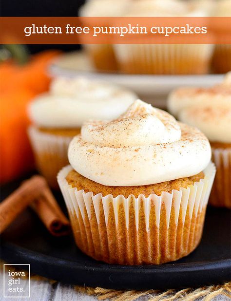 Gluten Free Pumpkin Cupcakes with Cream Cheese Frosting - Iowa Girl Eats Gluten Free Pumpkin Cupcakes, Pumpkin Pie Spice Recipe, Gluten Free Pumpkin Pie, Pie Spice Recipe, Cupcakes With Cream Cheese Frosting, Iowa Girl Eats, Cheese Pumpkin, Fall Cooking, Spice Cupcakes