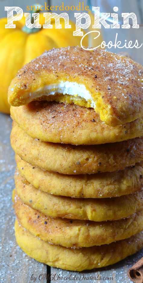 Snickerdoodle Pumpkin Cookies | OMGChocolateDesserts.com | #snickerdoodle #pumpkin #cookies Cream Cheese Stuffed Pumpkin Cookies, Doodle Pumpkin, Doodle Cookies, Desserts Pumpkin, Fudge Caramel, Autumn Cookies, Cookies Cinnamon, Snicker Doodle, Cookies Pumpkin