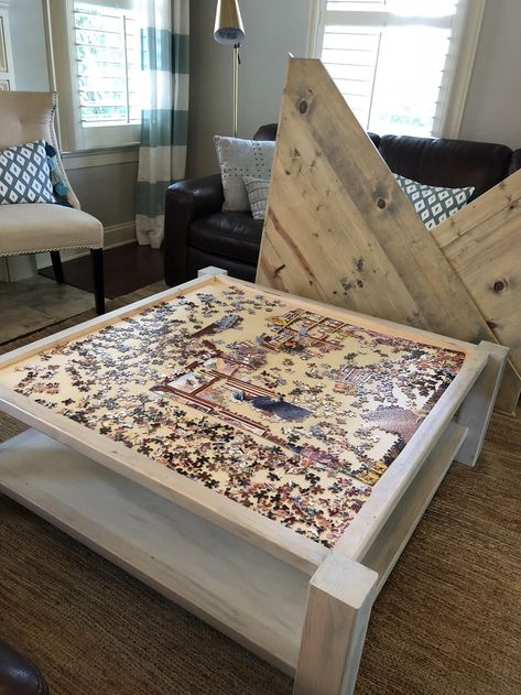 Coffee Table Puzzle Storage, Diy Puzzle Table, Puzzle Tables, Puzzle Coffee Table, Puzzle Room, Diy Puzzle, Puzzle Table, Table Cafe, Household Furniture