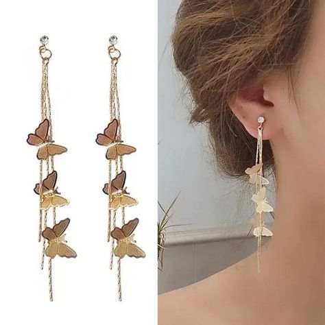 Faux Piercing, Tassel Earing, Korean Earrings, Ear Party, Silver Bow, Trendy Earrings, Butterfly Earrings, Trendy Accessories, Rhinestone Earrings