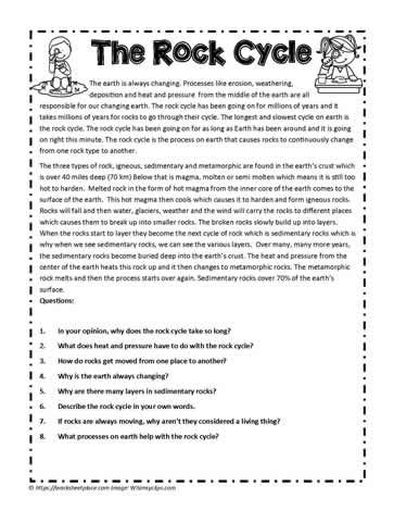 About The Rock Cycle reading comprehension passage for rocks and minerals. The Rock Cycle Worksheet, Preschool Geology, Rock Cycle Worksheet, Nature Worksheets, Rock Cycle Project, Rock Unit, Phonics Chart, 2nd Grade Class, Fourth Grade Science