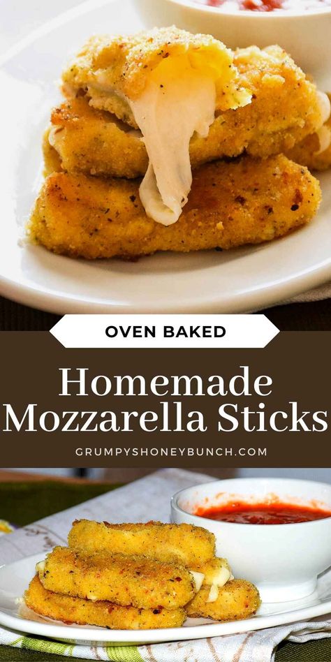 Homemade mozzarella sticks are battered and oven baked until golden brown with gooey cheese that is delicious for dipping in your favorite sauces. Get this appetizer recipe and more at Grumpy's Honeybunch website. Baked Mozzarella Sticks, Homemade Mozzarella Cheese, Homemade Mozzarella Sticks, Mozzarella Sticks Recipe, Homemade Mozzarella, Cheesy Appetizer, Mozzarella Cheese Sticks, Oven Baked Recipes, Baked Cheese