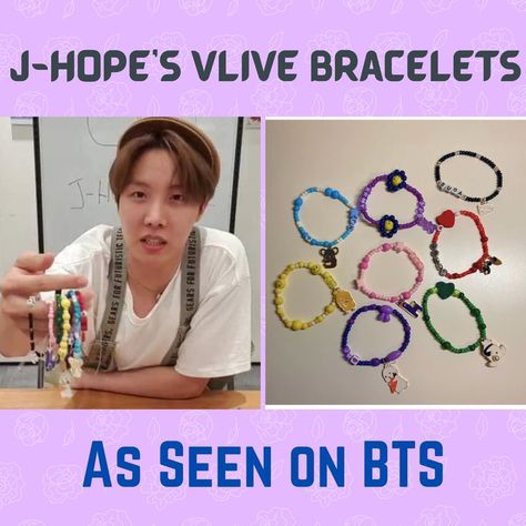 j-hope went on vlive three times and spent over three hours diligently making bracelets for BTS members and ARMY. He's the sweetest!! Find out where you can get replicas of his bracelets #jhope #Hobi #vlive #BTS #BTSARMY #Btsgift #bangtansonyeondan #방탄소년단 Army Bracelets, Bts Bracelet, Seni Korea, Pop Jewelry, Hope Bracelet, Kpop Diy, Bts Theory, Diy Jewelry Unique, Making Bracelets