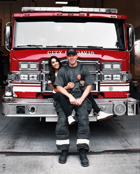 Save The Date Firefighter, Paramedic Engagement Photos, Fireman Engagement Photos, Firefighter Boyfriend Aesthetic, Fire Fighter Engagement Photos, Firefighter Couple Pictures, Firefighter Photoshoot, Firefighter Wedding Photos, Firefighter Engagement Pictures