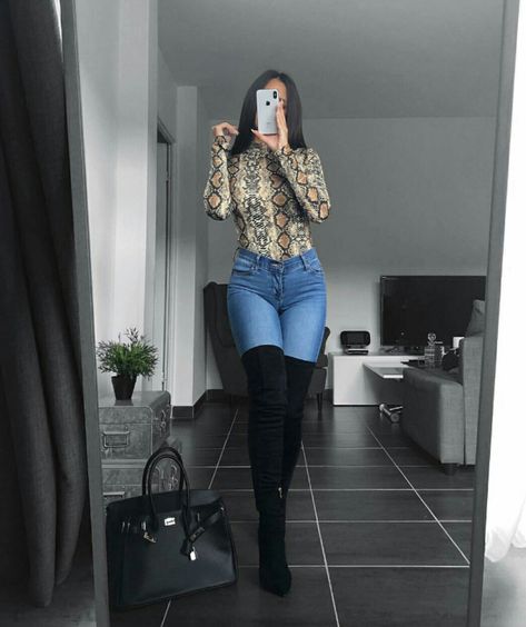 Brown Snake, It Bag, Black Vegan, Print Bodysuit, Thigh High Boots, Snake Print, Ripped Jean, A P, Party Outfit