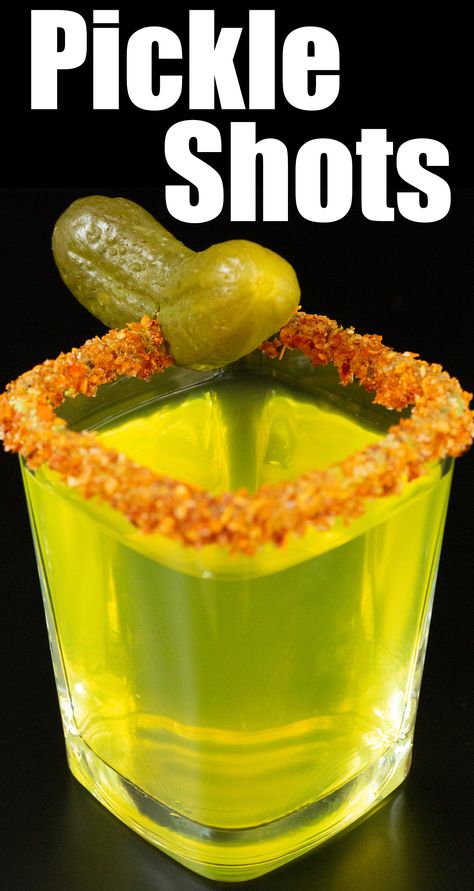 A square shot glass filled with a neon green pickle shot. The rim is coated in Tajin chili powder and a baby dill pickle rests on the rim as a garnish. Tajin Jello Shots, Pickle Shots Recipe, Pickle Shots, Pickle Juice Shots, Alcohol Shot, Dill Pickle Juice, Unique Shots, Pickle Vodka, Jordan 21