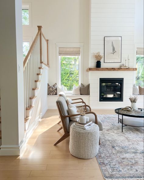 Small livingroom | minimal livingroom decor | shiplap fireplace | window benches by fireplace | windows beside fireplace | white livingroom ideas | transitional home decor 2022 | home decor group board | easy home decor ideas | relaxing livingroom design Window Seat Fireplace Built Ins, Fireplace With Built In Benches On Both Sides, Window Seat Beside Fireplace, Built In Benches By Fireplace, Windows On Each Side Of Fireplace, Gas Fireplace With Windows On Each Side, Fireplace Wall With Windows, Fireplace Next To Window, Fireplace With Windows On Both Sides